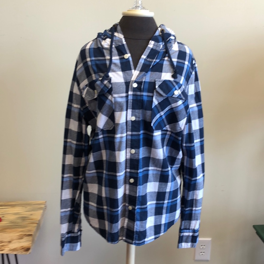 Ditch Plains New York blue plaid hooded shirt.